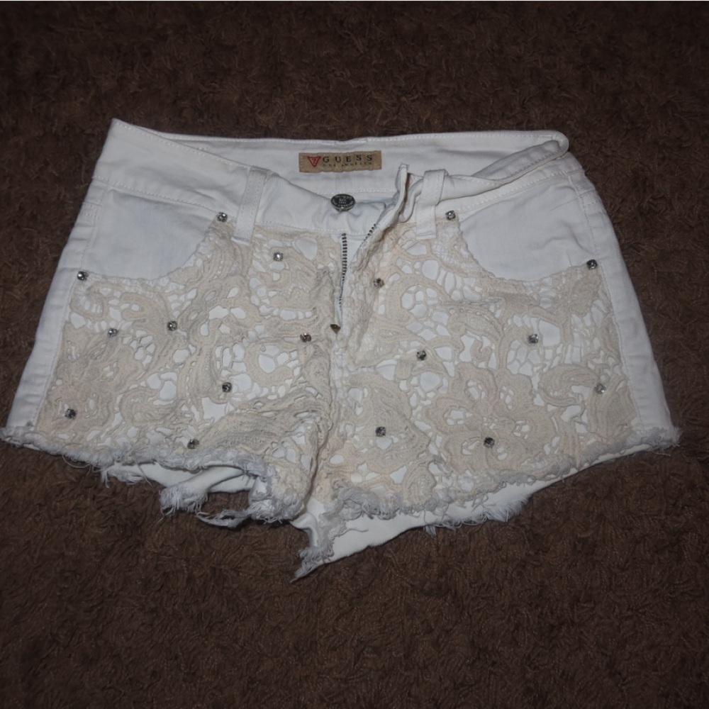 Guess White and Cream Lace Jean Shorts Boho Coquette Cottagecore